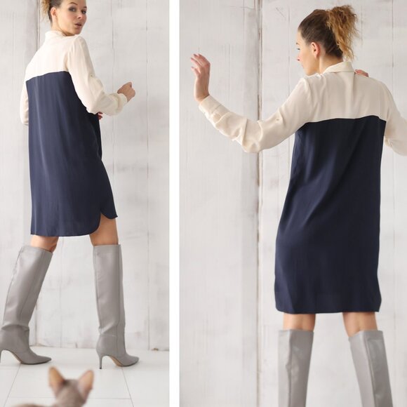 Chic white blue silk long sleeve button up tunic shirt dress XS S - Picture 3 of 7